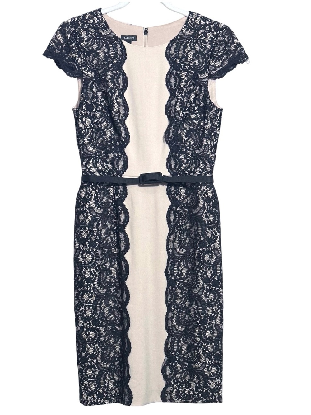 Talbots Black Lace Nude Contrast Belted Sheath Cocktail Dress Size 4